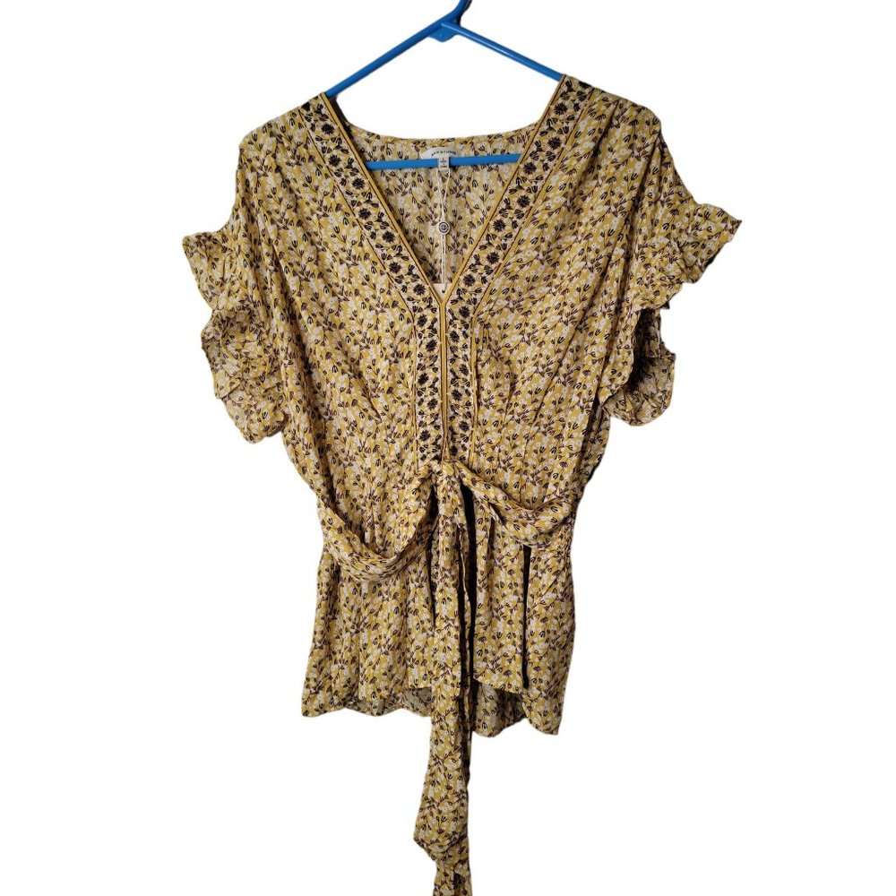 Max Studio Floral V-Neck Tie-Waist Blouse - Yellow